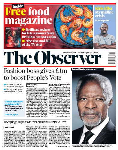The Observer Newspaper Front Page (UK) for 19 August 2018