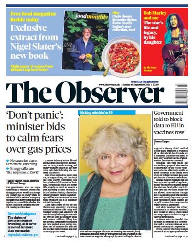 The Observer Newspaper Front Page (UK) for 19 September 2021
