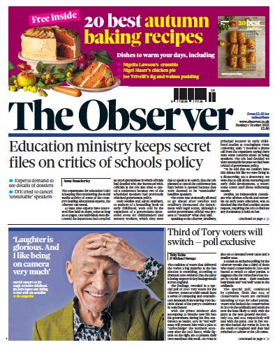The Observer Newspaper Front Page (UK) for 1 October 2023
