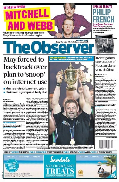 The Observer Newspaper Front Page (UK) for 1 November 2015
