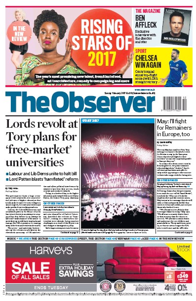 The Observer Newspaper Front Page (UK) for 1 January 2017