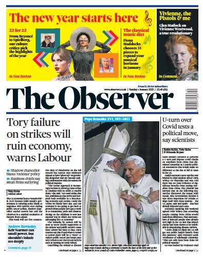 The Observer Newspaper Front Page (UK) for 1 January 2023