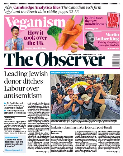 The Observer Newspaper Front Page (UK) for 1 April 2018