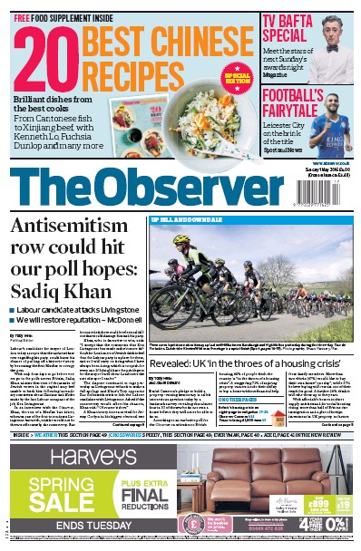 The Observer Newspaper Front Page (UK) for 1 May 2016