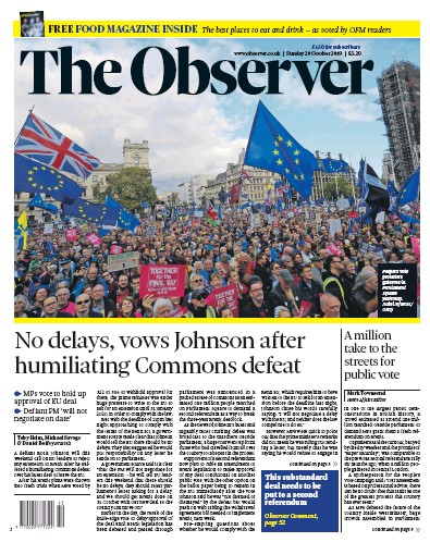 The Observer Newspaper Front Page (UK) for 20 October 2019
