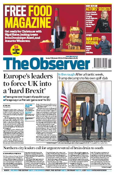 The Observer Newspaper Front Page (UK) for 20 November 2016