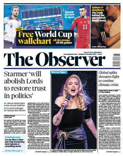 The Observer Newspaper Front Page (UK) for 20 November 2022