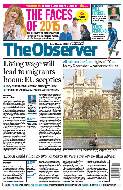 The Observer Newspaper Front Page (UK) for 20 December 2015
