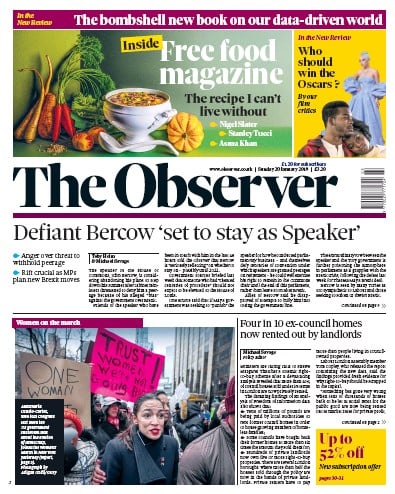 The Observer Newspaper Front Page (UK) for 20 January 2019