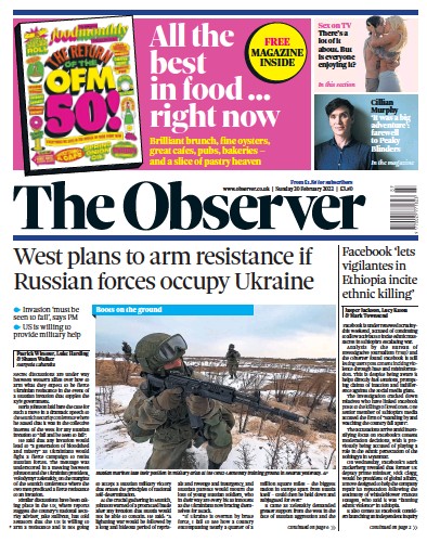 The Observer Newspaper Front Page (UK) for 20 February 2022