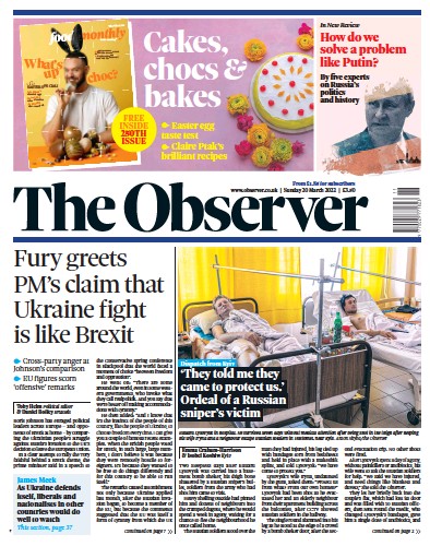 The Observer Newspaper Front Page (UK) for 20 March 2022