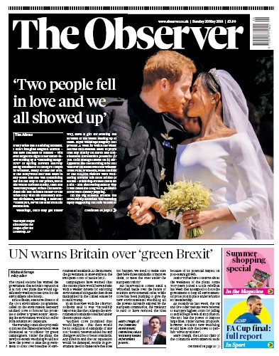 The Observer Newspaper Front Page (UK) for 20 May 2018