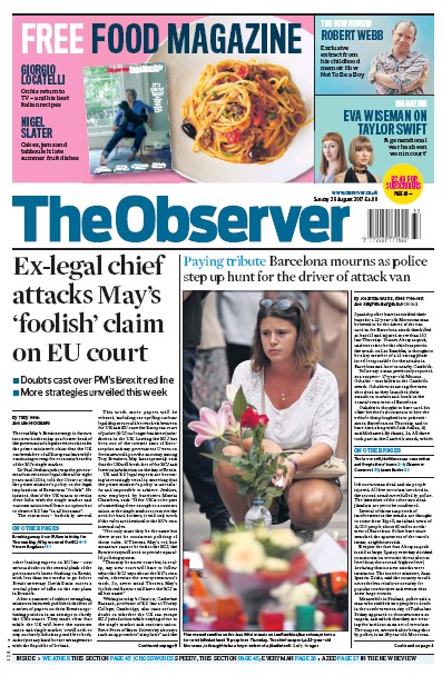 The Observer Newspaper Front Page (UK) for 20 August 2017