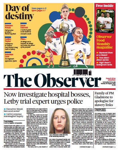 The Observer Newspaper Front Page (UK) for 20 August 2023