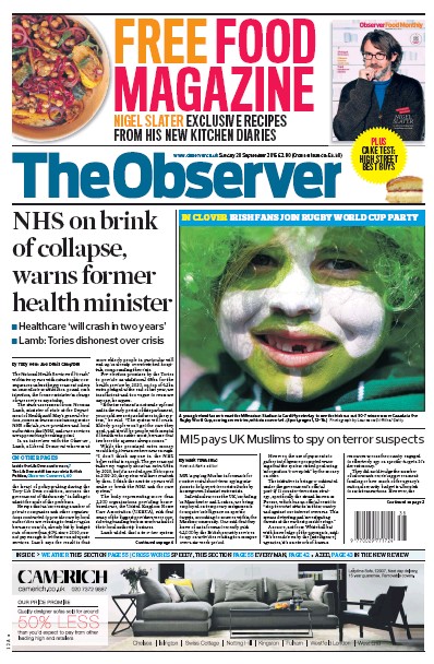 The Observer Newspaper Front Page (UK) for 20 September 2015
