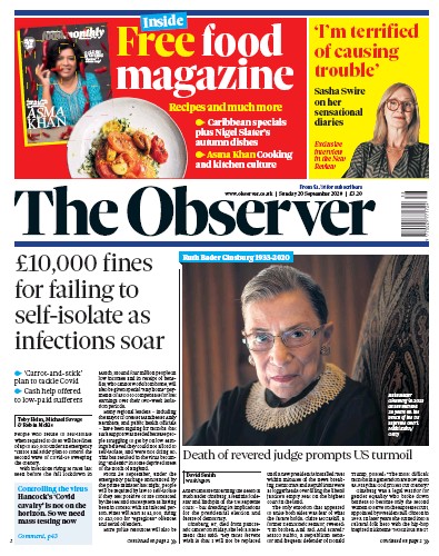 The Observer Newspaper Front Page (UK) for 20 September 2020