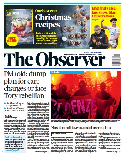 The Observer Newspaper Front Page (UK) for 21 November 2021