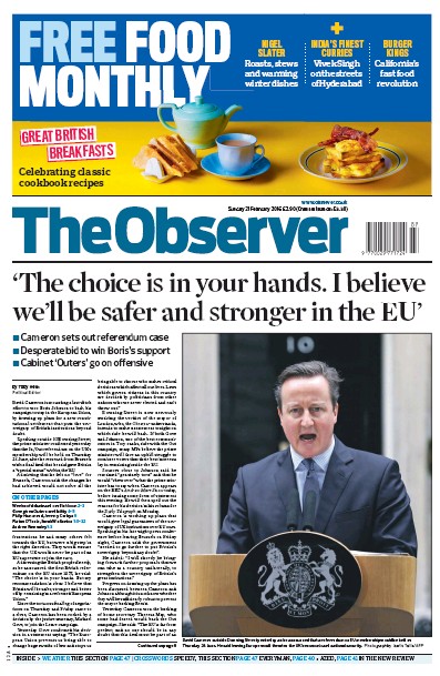 The Observer Newspaper Front Page (UK) for 21 February 2016