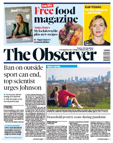 The Observer Newspaper Front Page (UK) for 21 February 2021