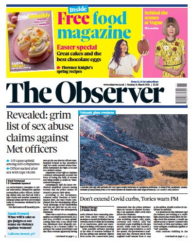 The Observer Newspaper Front Page (UK) for 21 March 2021