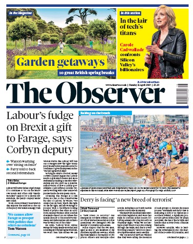 The Observer Newspaper Front Page (UK) for 21 April 2019