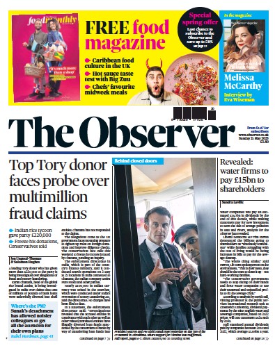 The Observer Newspaper Front Page (UK) for 21 May 2023