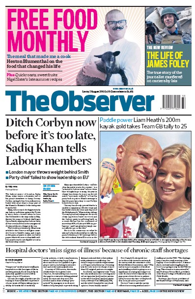 The Observer Newspaper Front Page (UK) for 21 August 2016