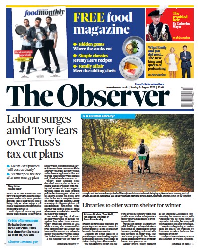The Observer Newspaper Front Page (UK) for 21 August 2022