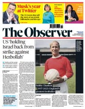 The Observer front page for 22 October 2023