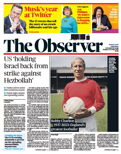 The Observer Newspaper Front Page (UK) for 22 October 2023