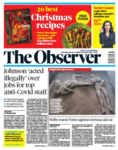 The Observer Newspaper Front Page (UK) for 22 November 2020