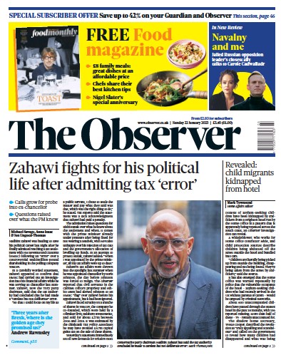 The Observer Newspaper Front Page (UK) for 22 January 2023