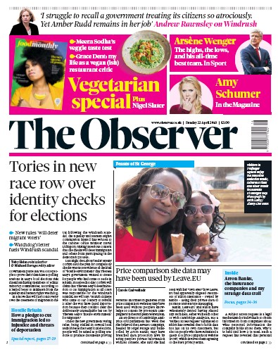 The Observer Newspaper Front Page (UK) for 22 April 2018