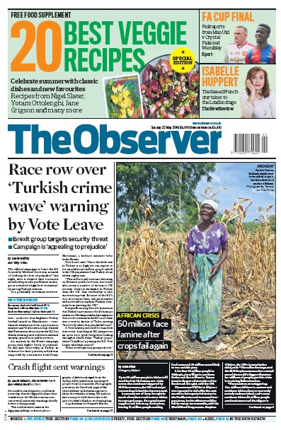 The Observer Newspaper Front Page (UK) for 22 May 2016