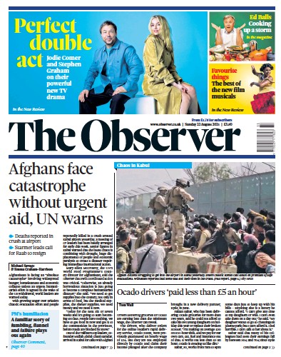 The Observer Newspaper Front Page (UK) for 22 August 2021