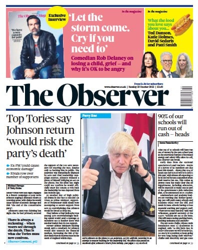 The Observer Newspaper Front Page (UK) for 23 October 2022