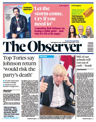 The Observer Newspaper Front Page (UK) for 23 October 2022