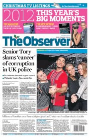 The Observer Newspaper Front Page (UK) for 23 December 2012