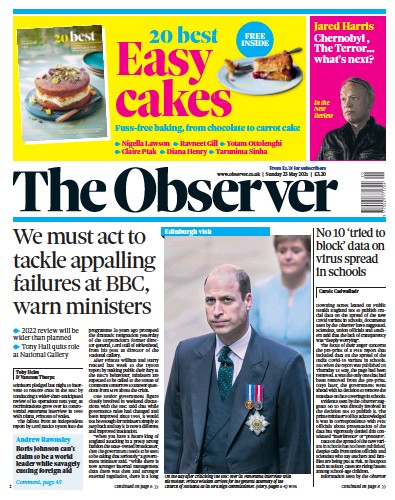 The Observer Newspaper Front Page (UK) for 23 May 2021