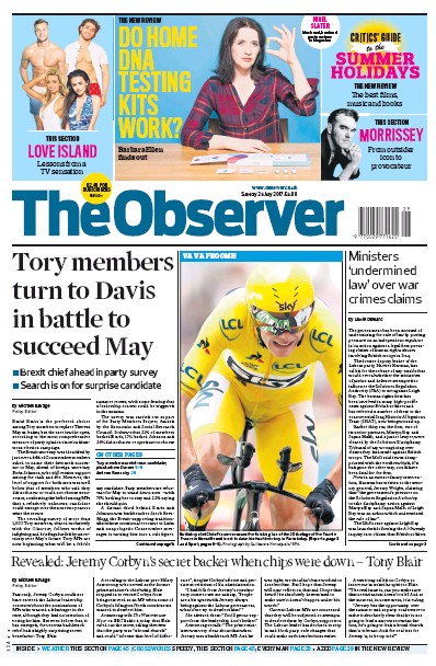 The Observer Newspaper Front Page (UK) for 23 July 2017