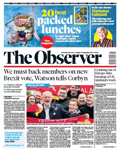 The Observer Newspaper Front Page (UK) for 23 September 2018