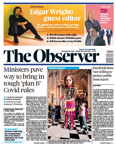 The Observer Newspaper Front Page (UK) for 24 October 2021