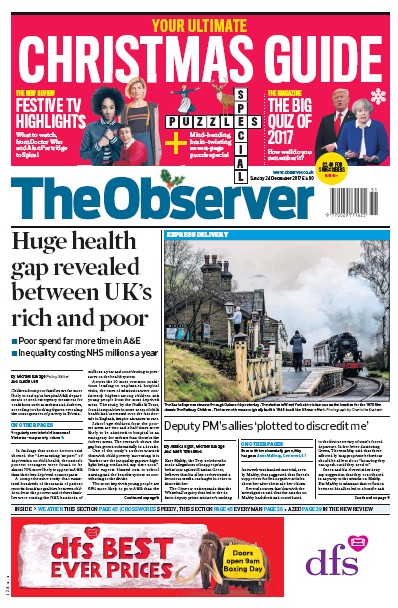 The Observer Newspaper Front Page (UK) for 24 December 2017