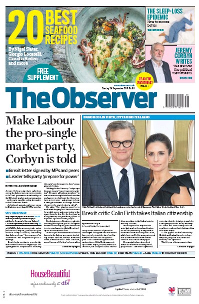 The Observer Newspaper Front Page (UK) for 24 September 2017
