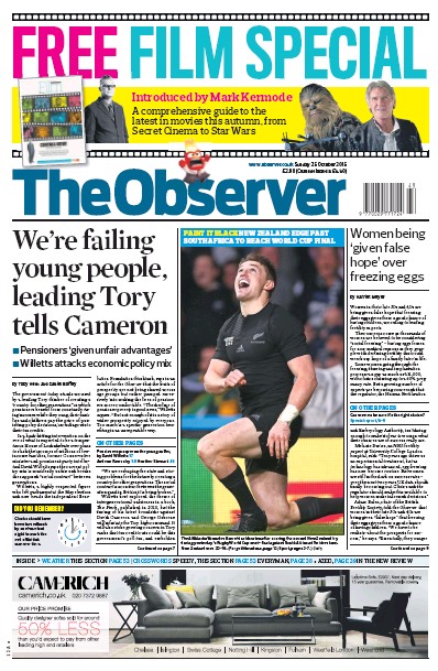 The Observer Newspaper Front Page (UK) for 25 October 2015