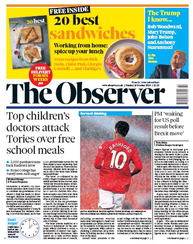 The Observer Newspaper Front Page (UK) for 25 October 2020