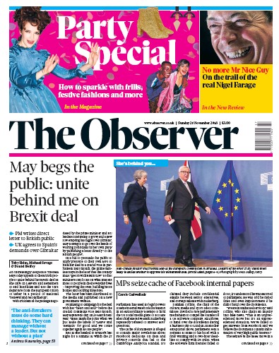 The Observer Newspaper Front Page (UK) for 25 November 2018