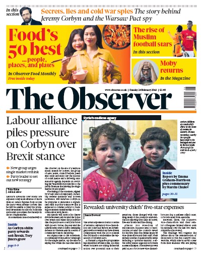 The Observer Newspaper Front Page (UK) for 25 February 2018