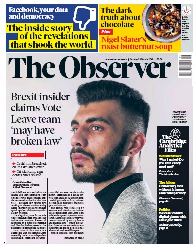 The Observer Newspaper Front Page (UK) for 25 March 2018