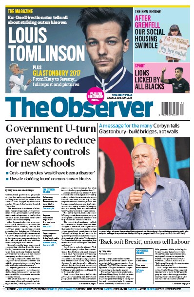 The Observer Newspaper Front Page (UK) for 25 June 2017